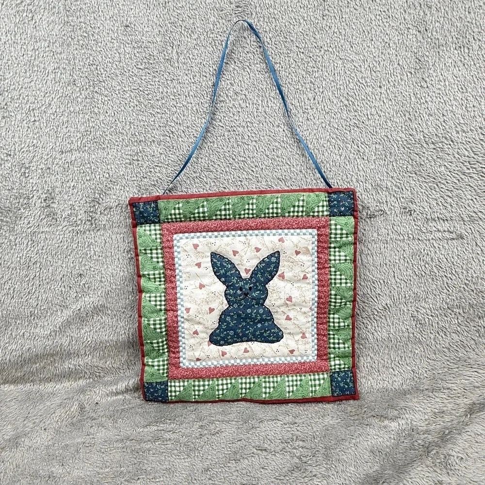 Primitive Stitched Quilt Easter Spring Wall Hanging Bunny Hearts Cottagecore VTG